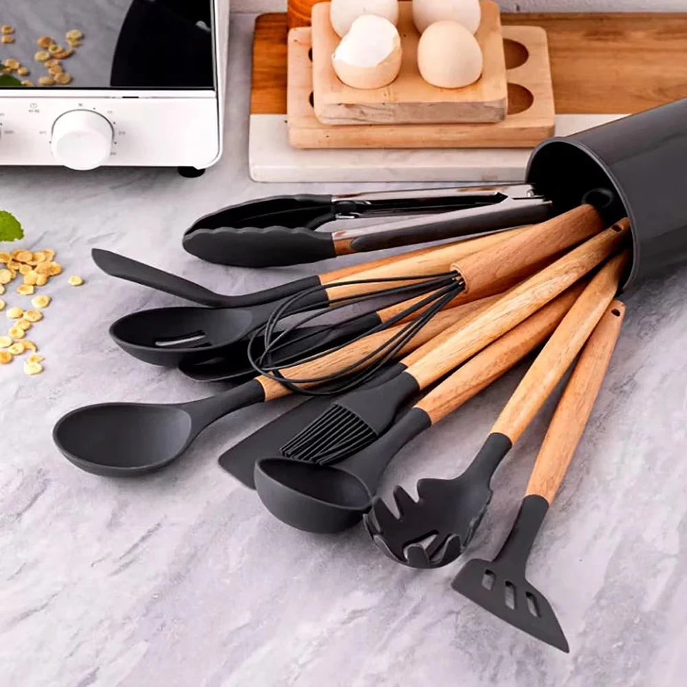 12-Piece Silicone Kitchen Utensil Set – Wooden Handles Kitchen Utensil Set Nixie