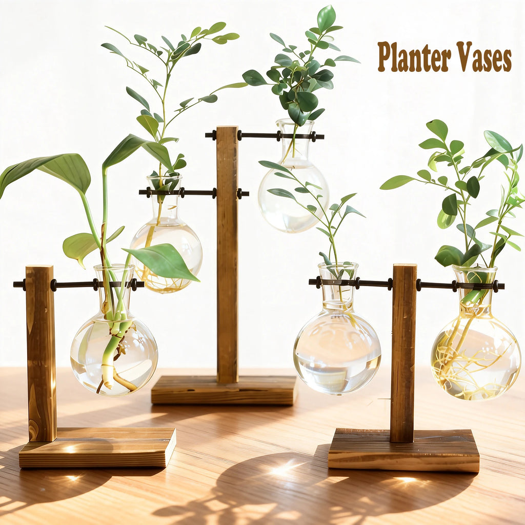 Hydroponic Glass Bud Vase with Wooden Stand – Desktop Terrarium Hydroponic Bud Vase Nixie