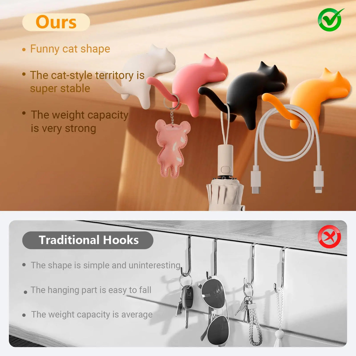 4 PCS Cat Shaped Adhesive Desk Hooks – Kitchen & Office Adhesive Wall Hooks Nixie
