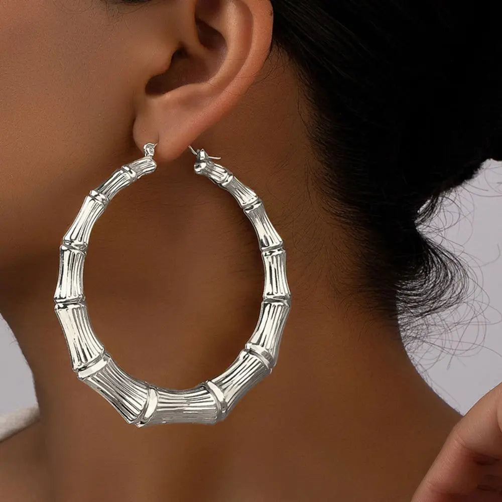 Gold Bamboo Hoop Drop Earrings – Geometric Hollow Punk Dangle Hoop Drop Earrings Nixie