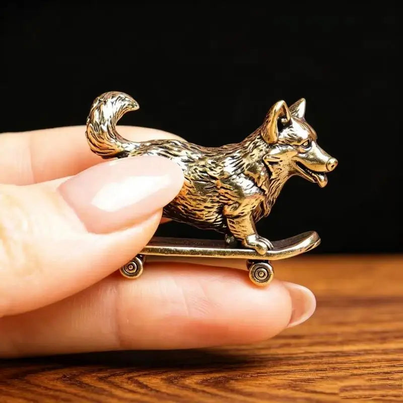 Brass Skateboard Dog Miniature Figurine – Lucky Desk Ornament