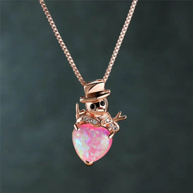 Heart Snowman Pendant Necklace – Pink Simulated Opal Charm Pendant Necklace Nixie