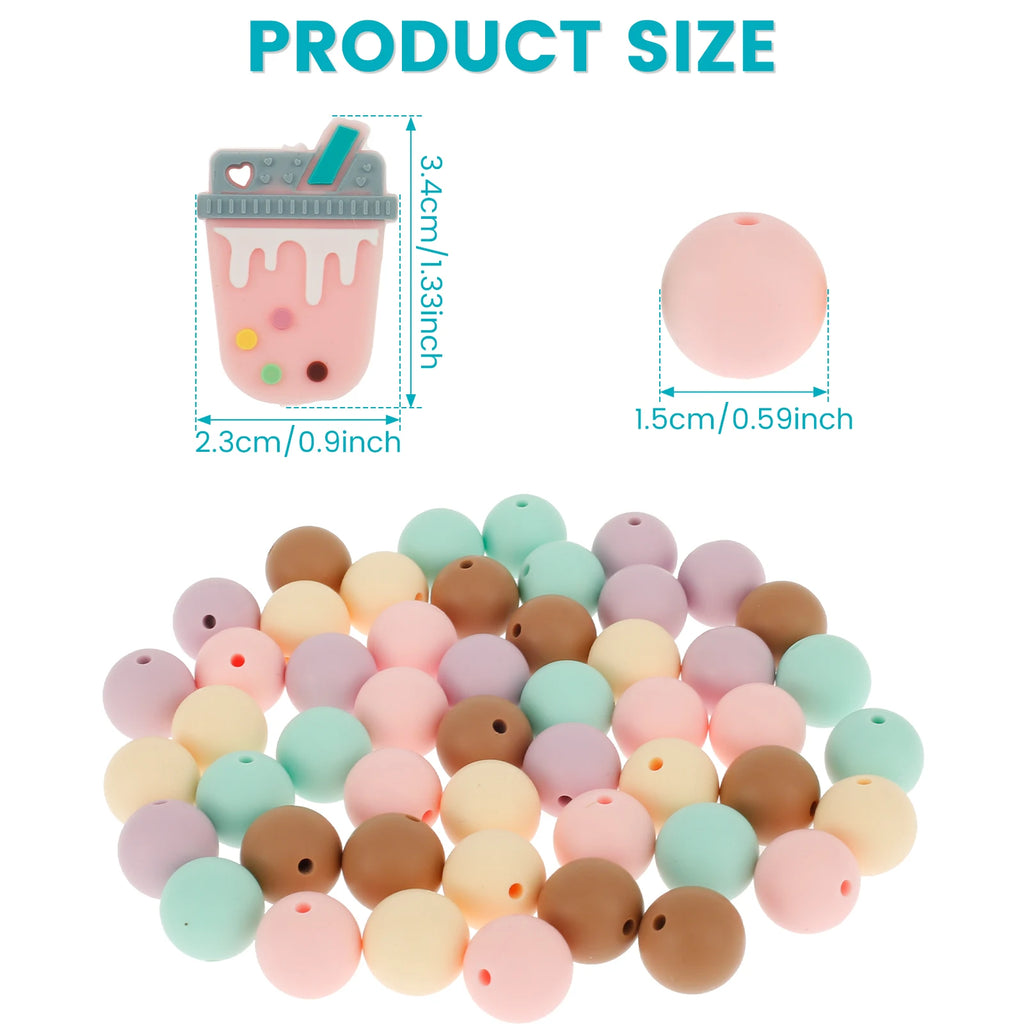 58 Pcs Silicone Beads Bulk – 15mm Round & Bubble Tea Shapes DIY Craft Beads Nixie