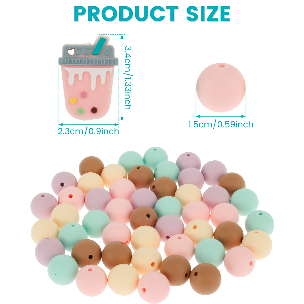 58 Pcs Silicone Beads Bulk – 15mm Round & Bubble Tea Shapes DIY Craft Beads Nixie
