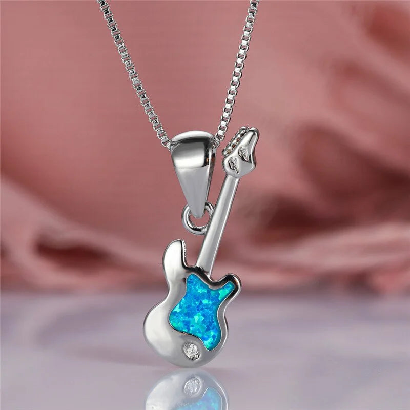 Crystal Opal Guitar Pendant Necklace – Silver Chain for Women Pendant Necklace Nixie