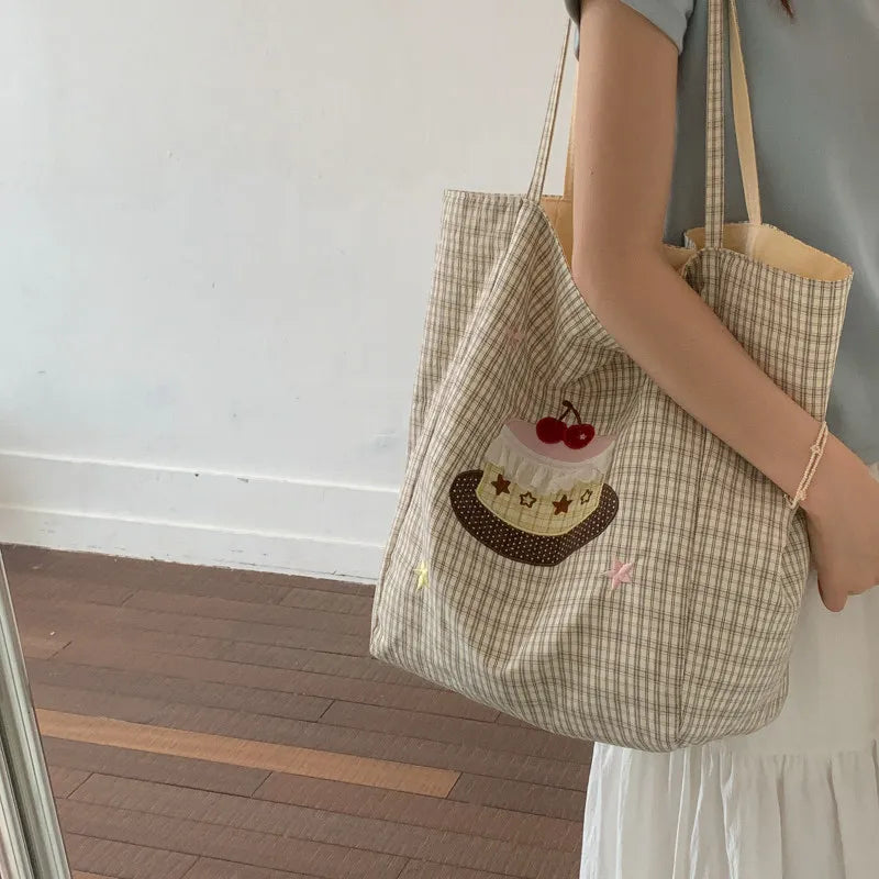 Embroidered Plaid Canvas Tote Bag – Large Women's Shoulder Bag Canvas Shoulder Tote Nixie