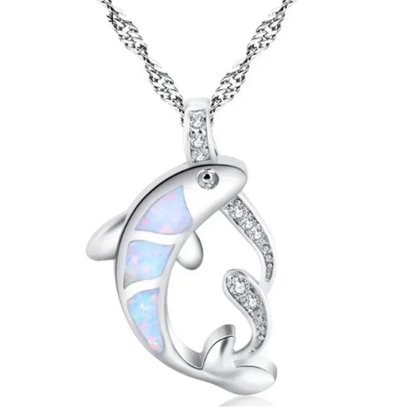 Silver Simulated Opal Fish Pendant Necklace | Unisex Gift Pendant Necklace Nixie
