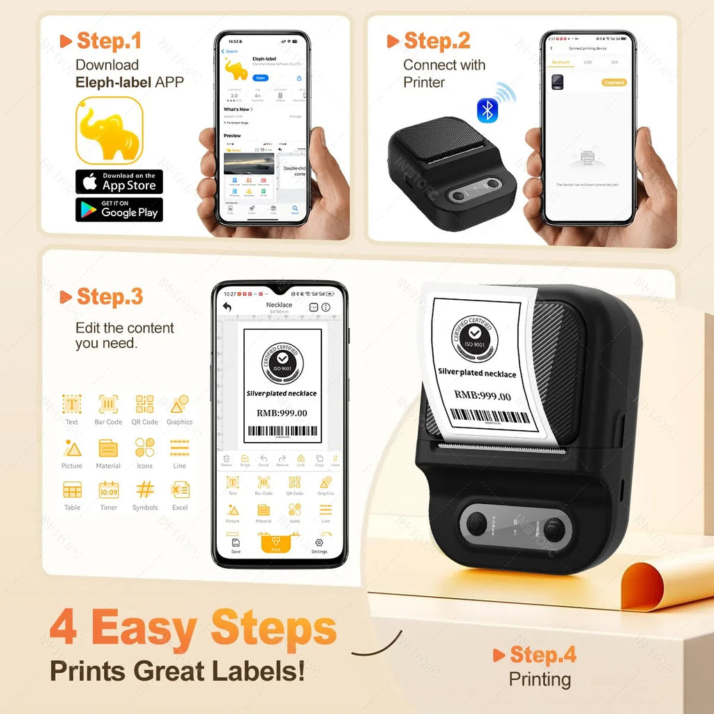 INSTOFC Mini Bluetooth Thermal Label Printer – Inkless 203DPI