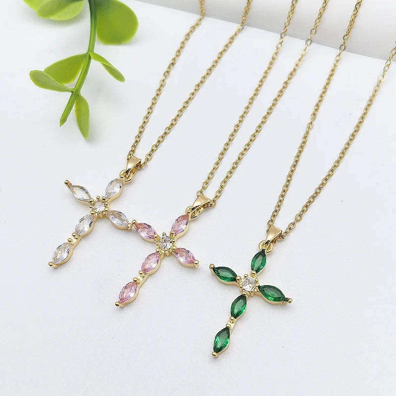 Women's Cross Zircon Pendant Necklace | Gold Stainless Steel Pendant Necklace Nixie