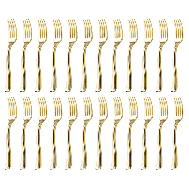 24PCS Gold Disposable Plastic Flatware – Mini Spoons & Forks Set