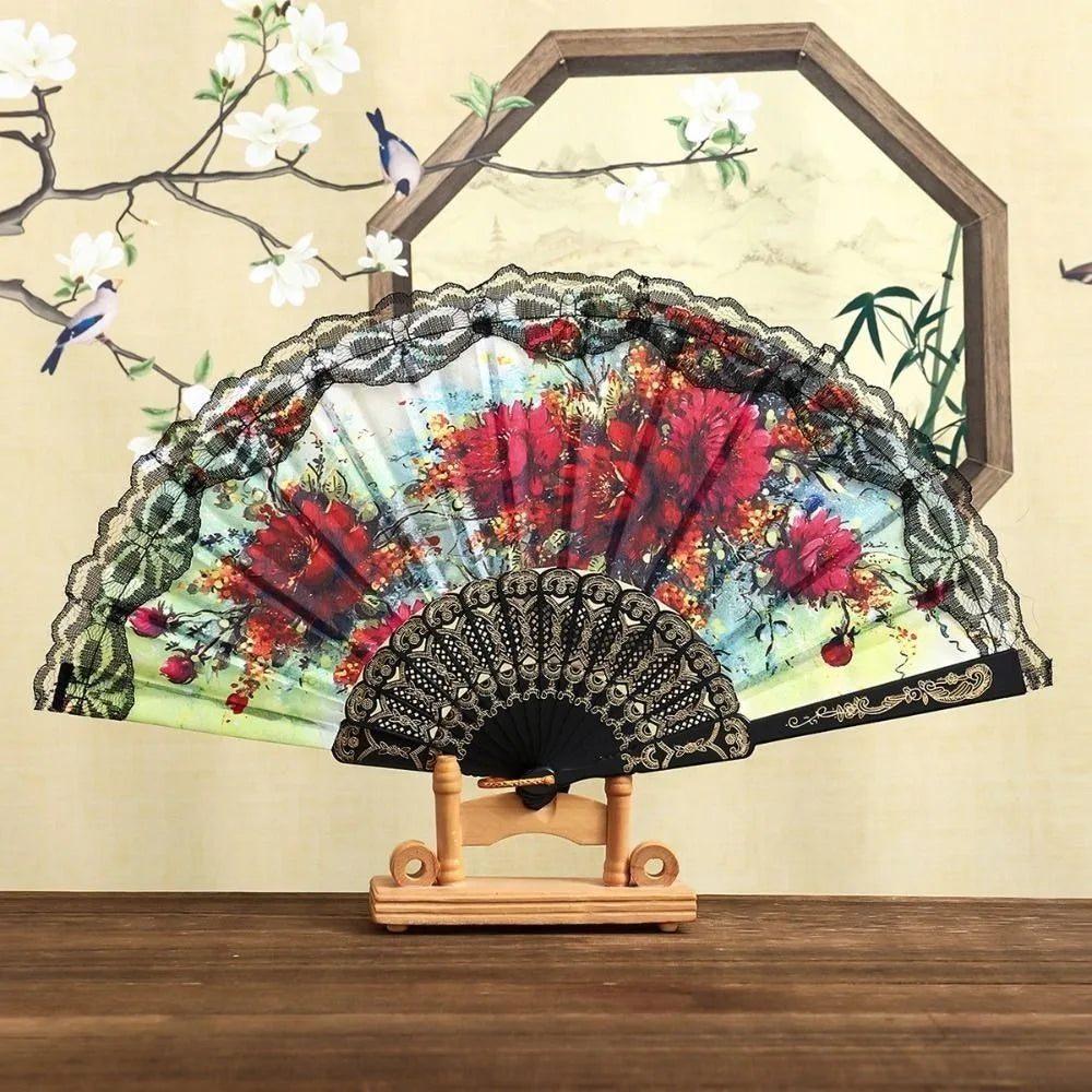 Spanish Folding Fan Black Floral Lace Dance Prop & Gift