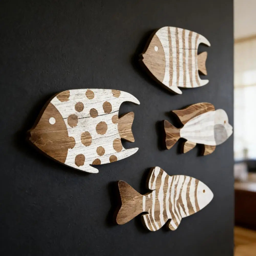 4Pcs Nautical Wooden Fish Wall Art | Coastal Beach Decor Set