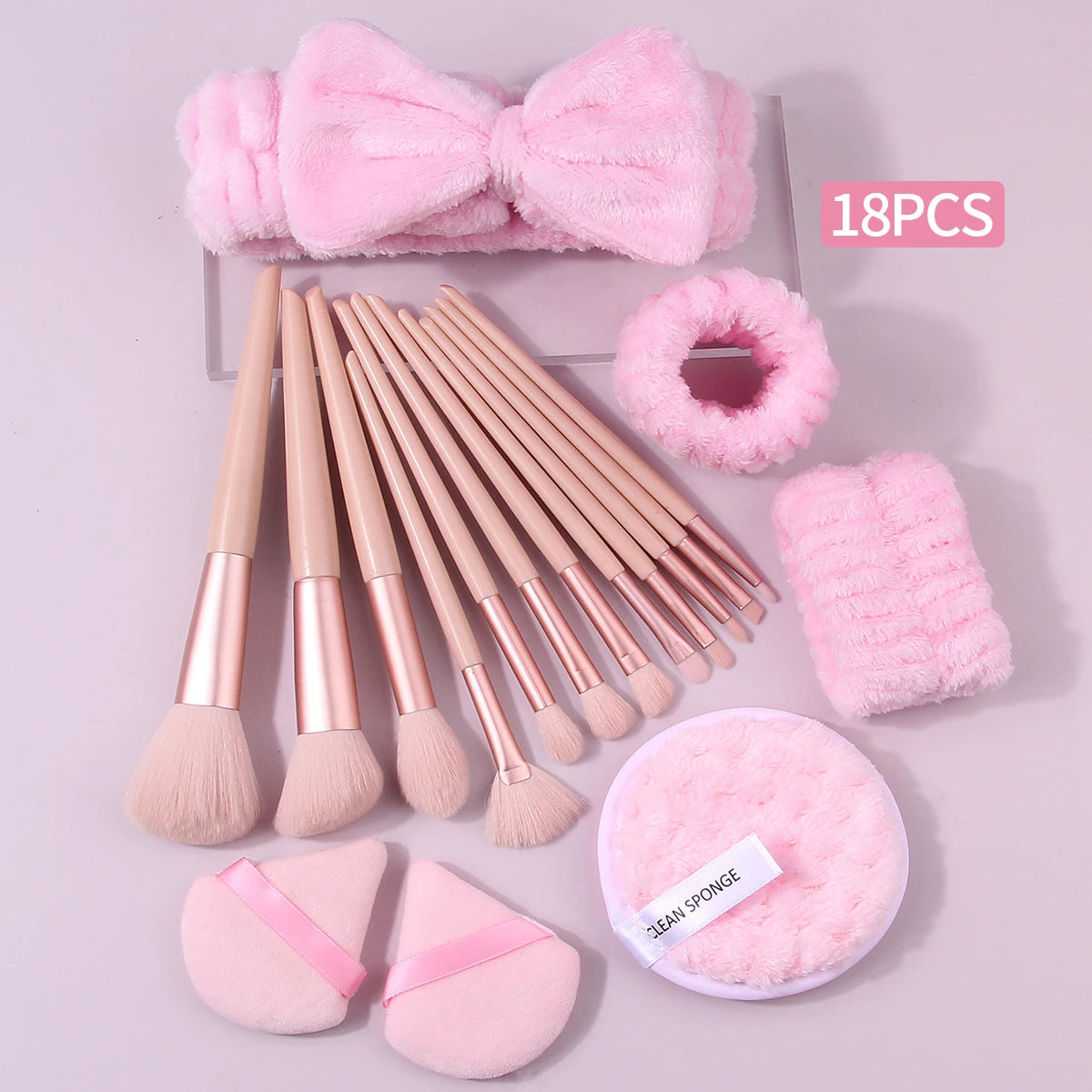 18-Piece Pink Makeup Brush & Beauty Tool Set with Puffs Makeup Brush Set Nixie