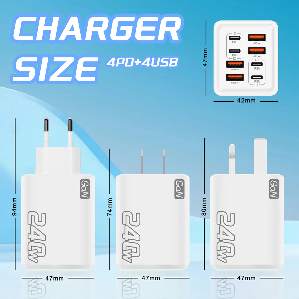 240W GaN 8-in-1 USB-C Fast Charger – EU/US/UK Plug Adapter USB-C GaN Charger Nixie