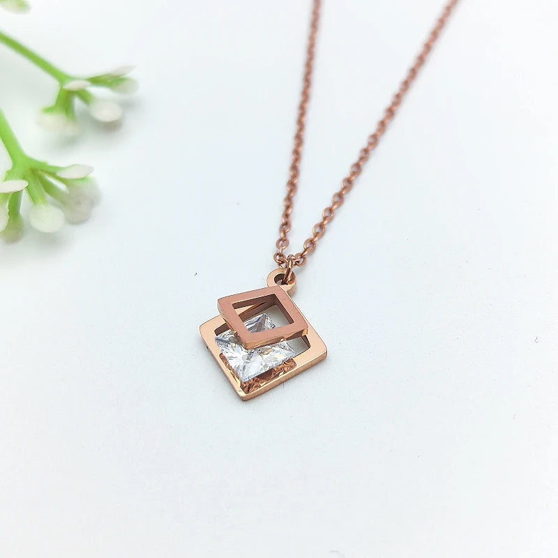 Double Layer Zircon Square Pendant Necklace | Stainless Steel Pendant Necklace Nixie XL1470-002