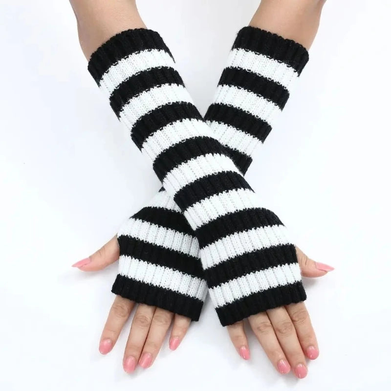 Knitted Punk Stripe Arm Warmers Half Finger Sleeves | Nixie Knitted Arm Warmers Nixie