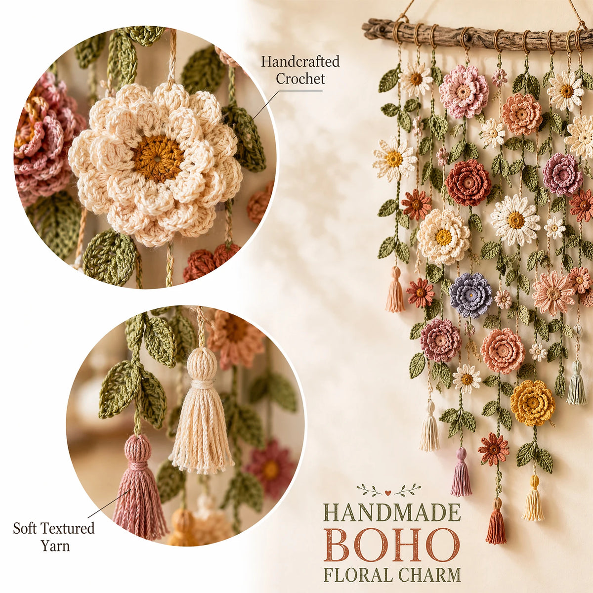 Boho Floral Crochet Macrame Wall Hanging – 32in Handmade Art Macrame Wall Hanging Nixie