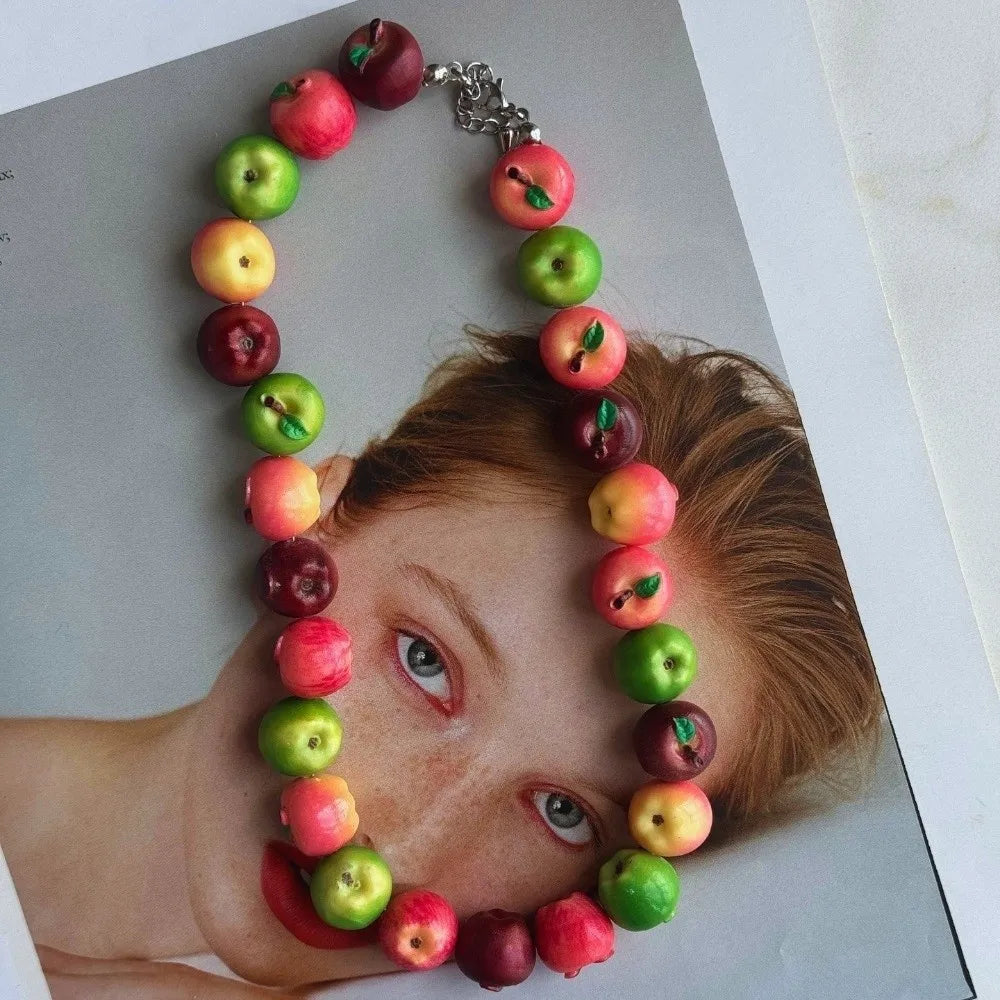 3D Colorful Fruit Beaded Necklace – Resin Strawberry & Pomegranate Beaded Pendant Necklace Nixie