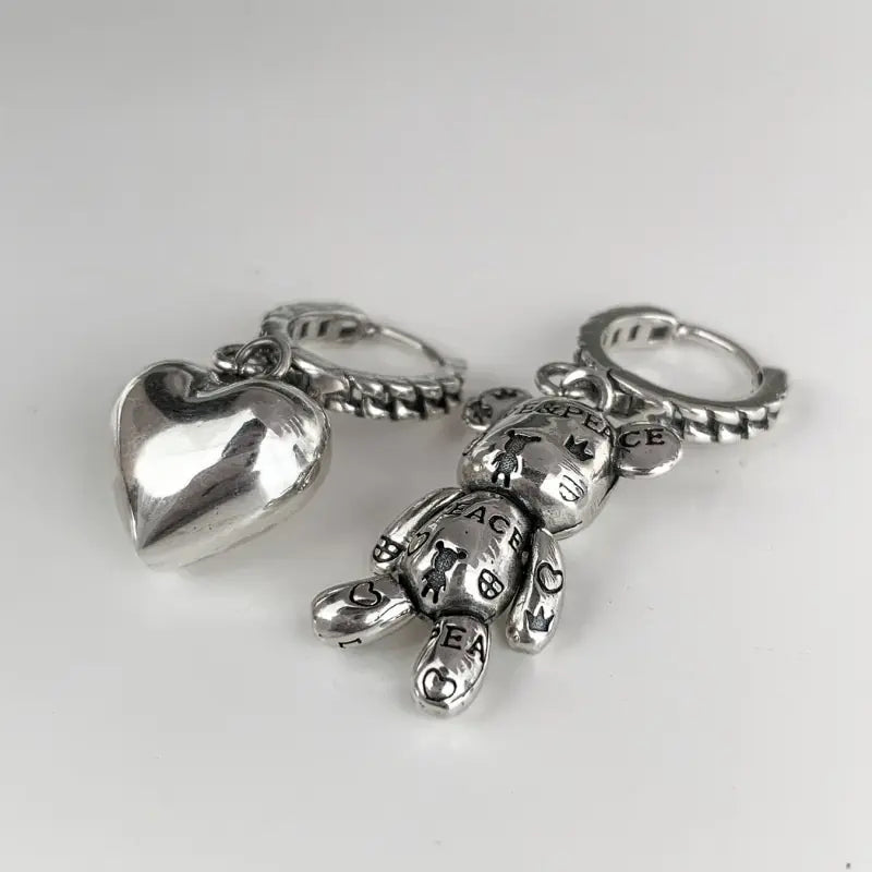 Antique Silver Bear Asymmetric Stud Earrings | Unisex Vintage Fashion Stud Earrings Nixie