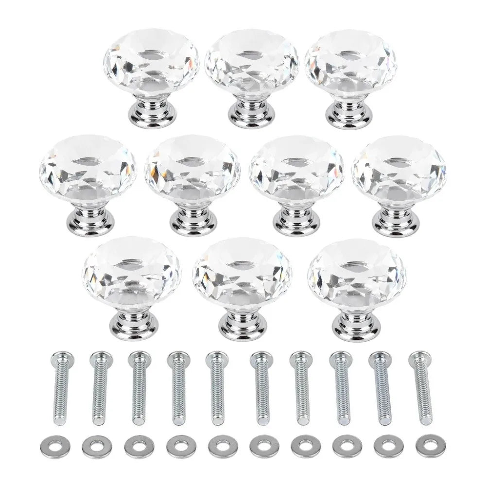10-Pack Crystal Glass Cabinet Knobs 30mm Silver Drawer Pulls Cabinet Knobs Nixie