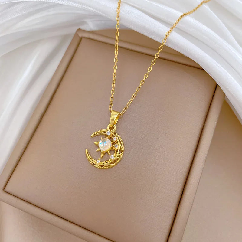 Hollow Moon Starburst Gold Pendant Choker Necklace | Nixie Pendant Necklace Nixie