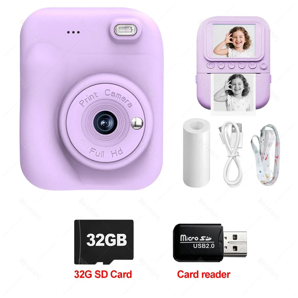 Kids Instant Camera 1080P Color Thermal Printer Gift for Boys Girls Kids Instant Camera Nixie Purple add 32G SD