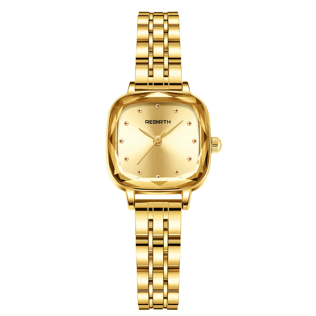 REBIRTH Retro Square Quartz Watch – Stainless Steel Strap Quartz Wristwatch Nixie Gold