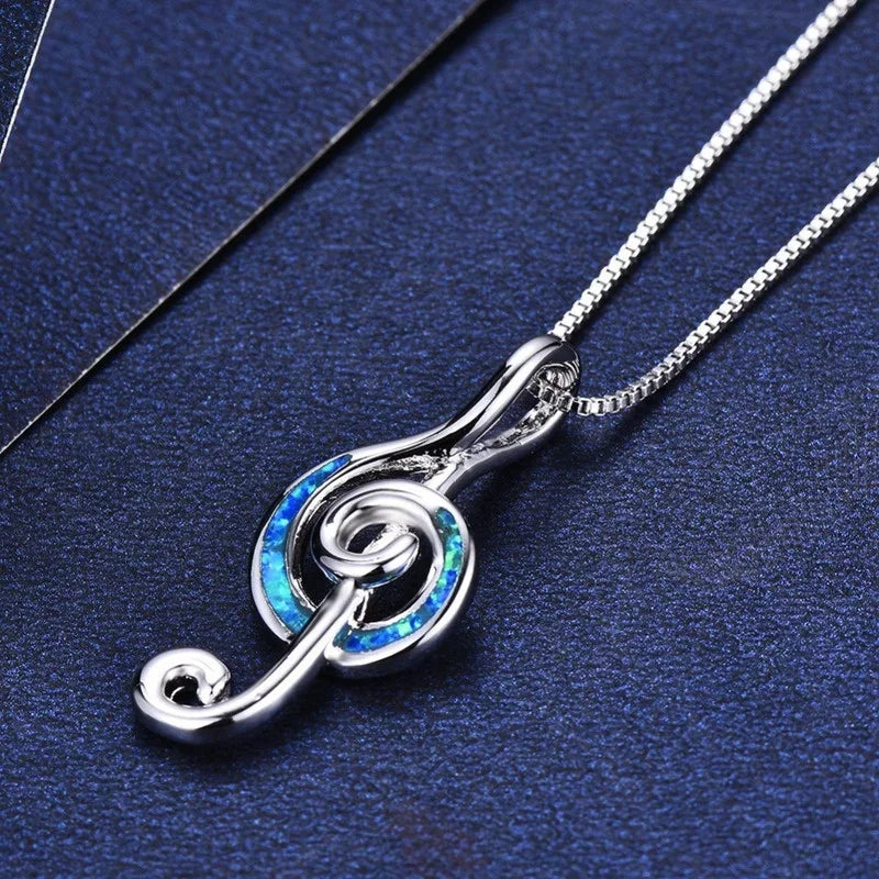 Music Note Opal Pendant Necklace – Silver Blue White Pendant Necklace Nixie