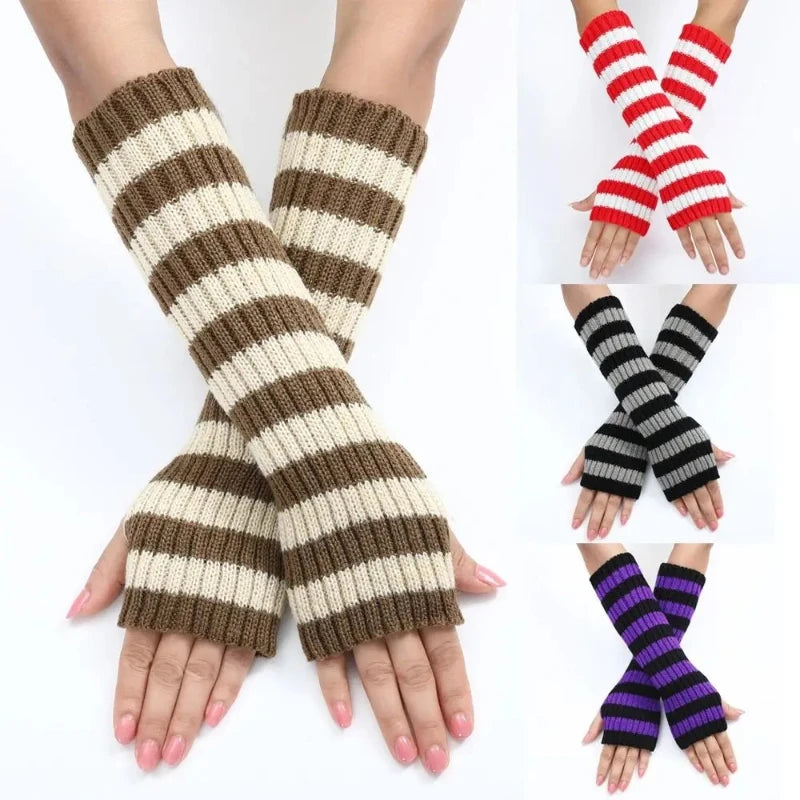 Knitted Punk Stripe Arm Warmers Half Finger Sleeves | Nixie Knitted Arm Warmers Nixie