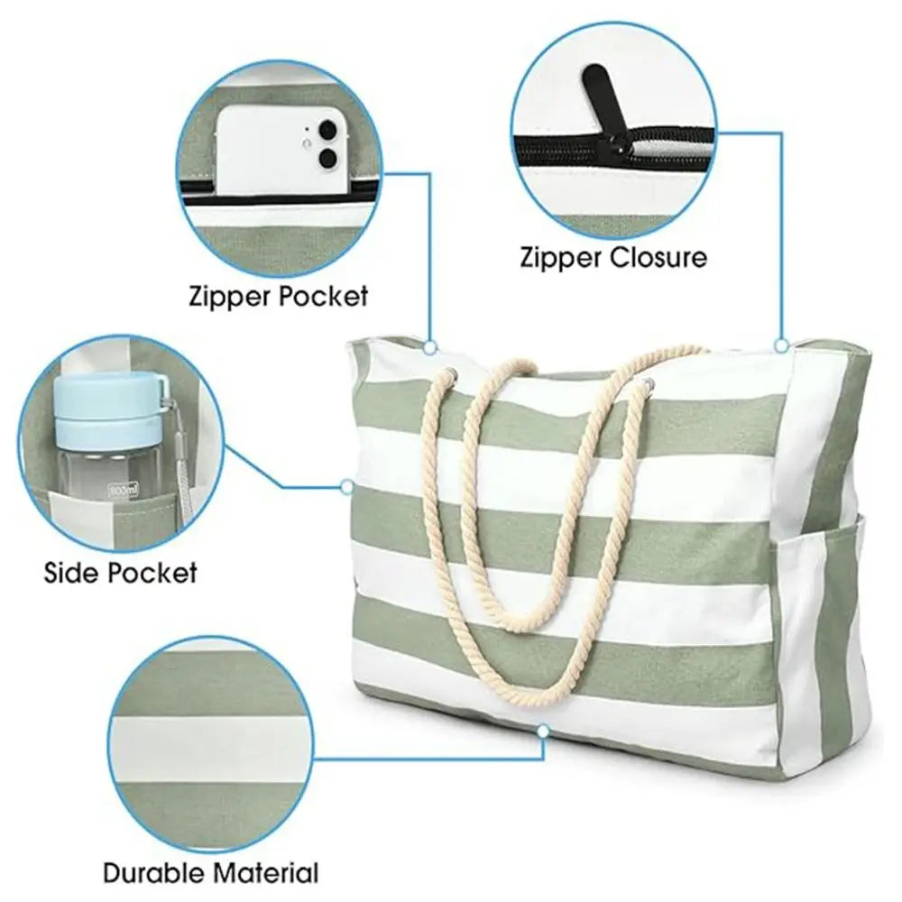 Large Striped Beach Tote Bag | Sandproof, Zipper & Rope Handles Beach Tote Bag Nixie