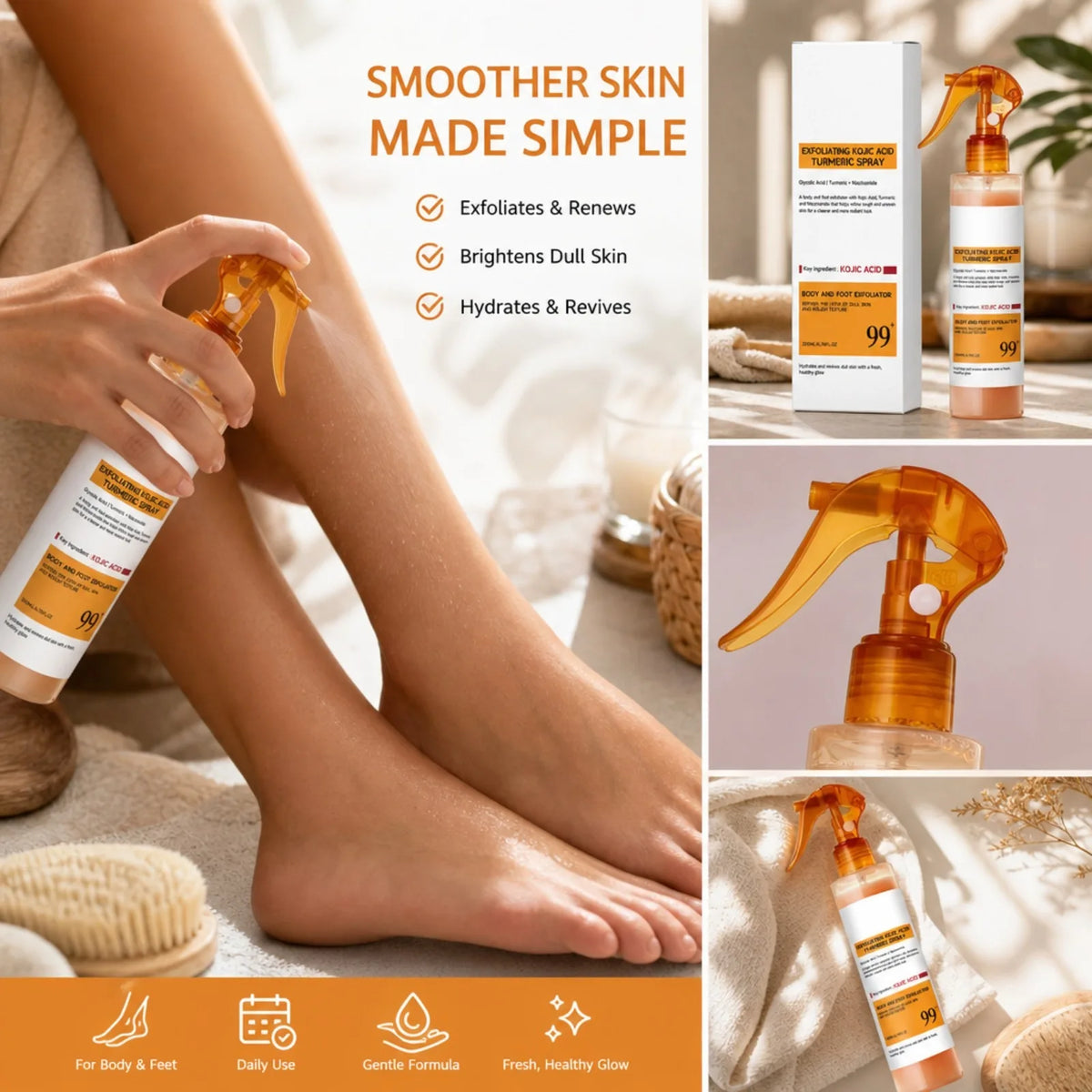 Kojic Acid Turmeric Exfoliating Body & Foot Spray 200ml Exfoliating Body Spray Nixie