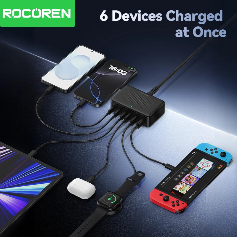 Rocoren 100W GaN 6-Port Charging Station | Fast USB-C Charger GaN Charging Station Nixie