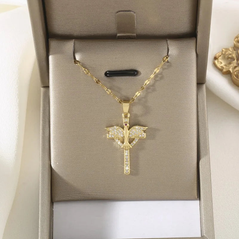 Phoenix Cross Gold Pendant Necklace – Stainless Steel Chain