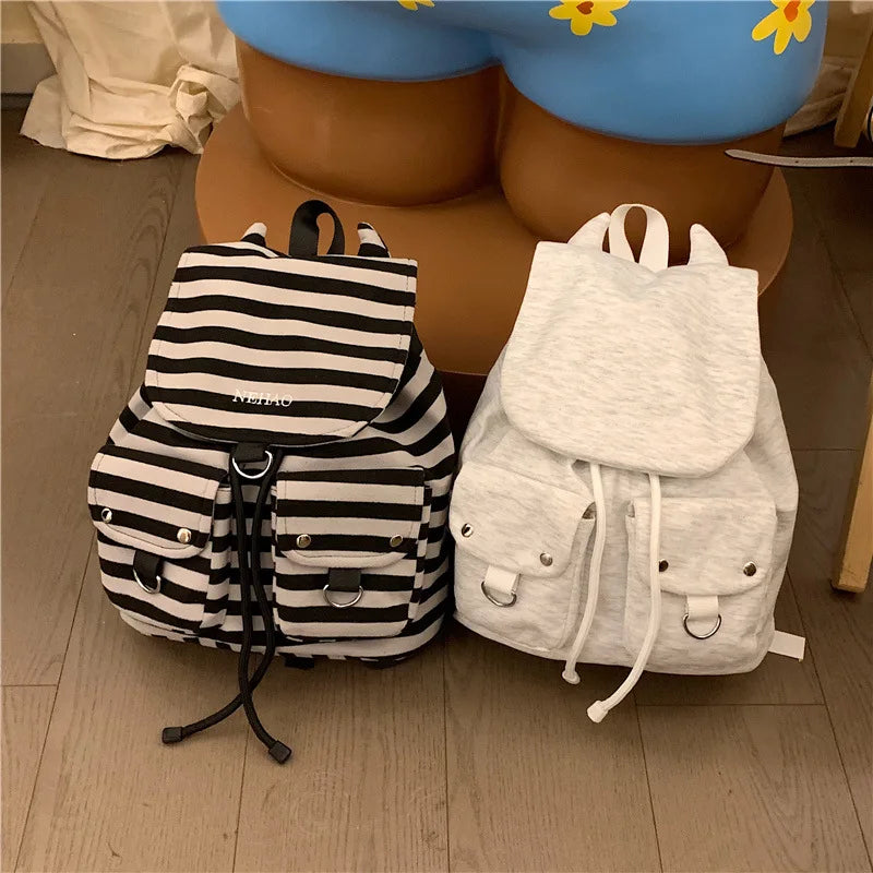 Korean Striped Canvas Drawstring Backpack – Casual School Travel Bag Canvas Drawstring Backpack Nixie