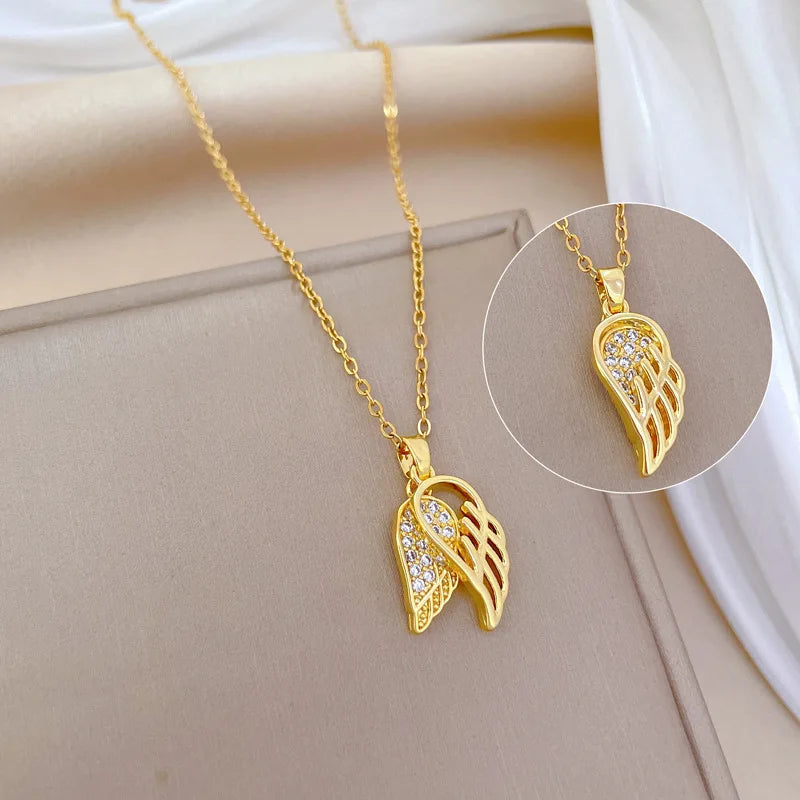 Hollow Wing Feather Zircon Pendant Necklace | Women's Gold Chain Pendant Necklace Nixie