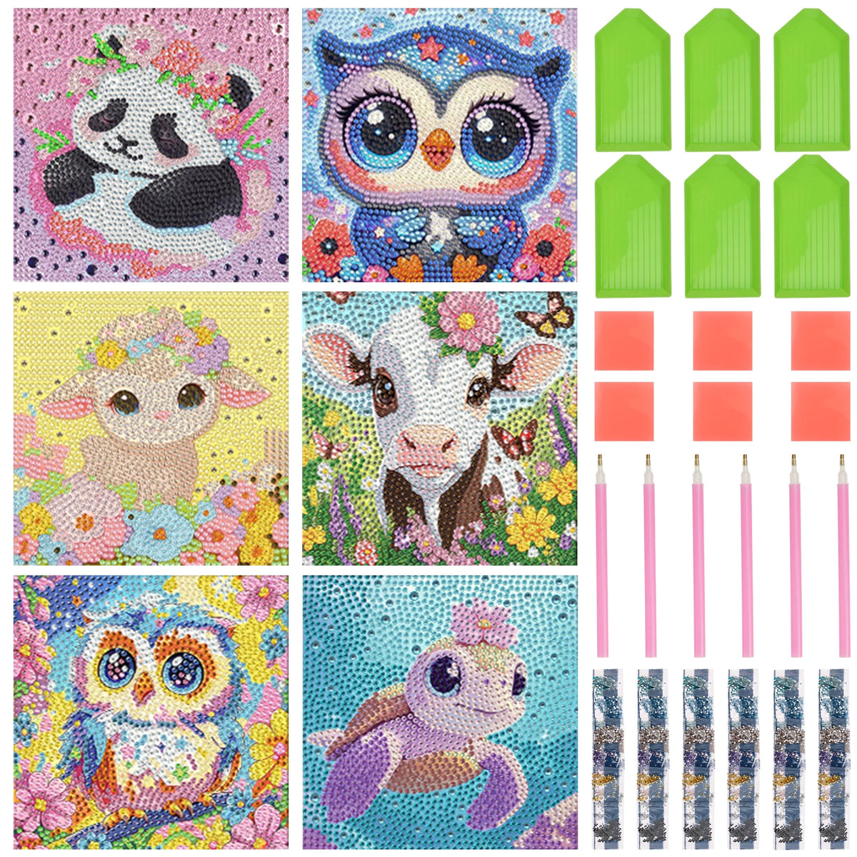 6-Pack Diamond Painting Kits for Kids – Cute Animal Gem Art Diamond Painting Kit Nixie Style C