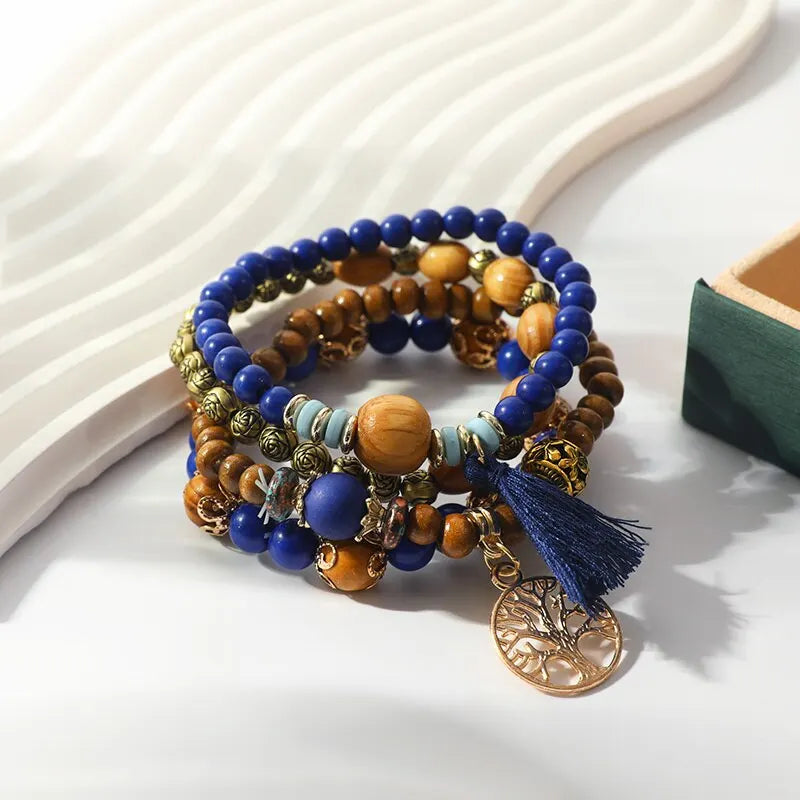 4pcs Vintage Boho Bracelet Set – Beads, Tassel & Leaf Pendant Bangle Bracelet Set Nixie