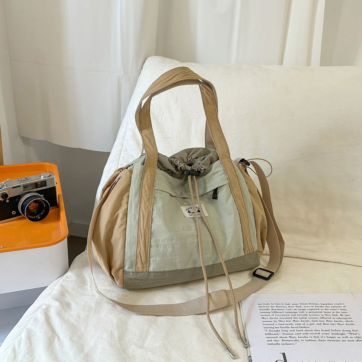 Color-Block Drawstring Crossbody Bag | Lightweight Travel Shoulder Bag Crossbody Shoulder Bag Nixie BB-608-Khaki Extra Large