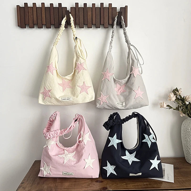 Korean Star Embroidered Canvas Tote Shoulder & Crossbody Bag Canvas Tote Bag Nixie
