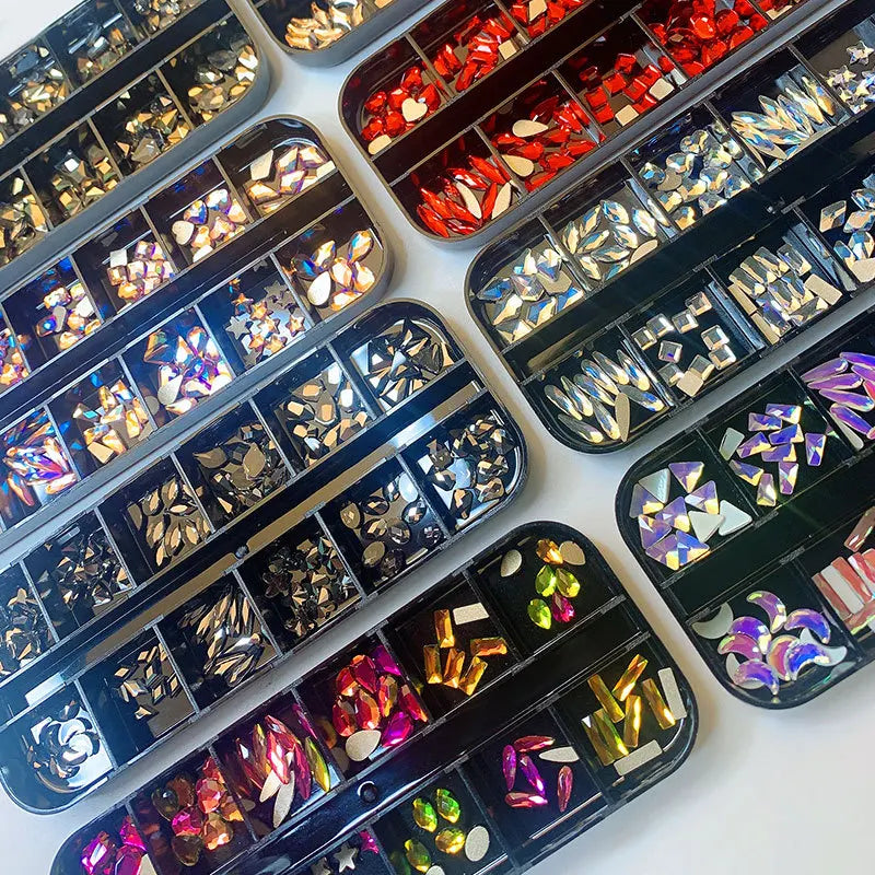 12-Grid Nail Art Rhinestone Kit – 120pc Flat Back Glass Gems Nail Art Rhinestones Nixie