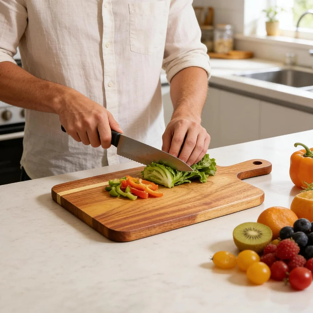Acacia Wood Cutting & Serving Board with Handle | Charcuterie Wood Cutting Board Nixie