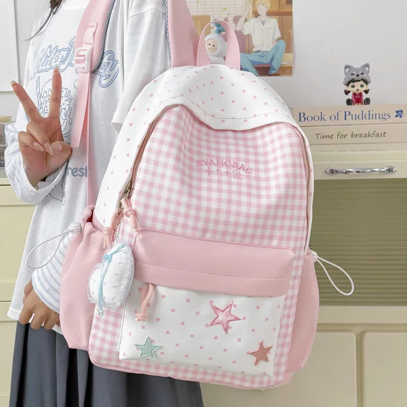 Nixie Star-Embroidered Plaid Backpack for Girls & Students