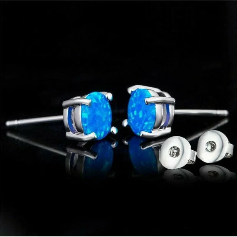 Silver Round Simulated Opal Stud Earrings | Gift for Girls
