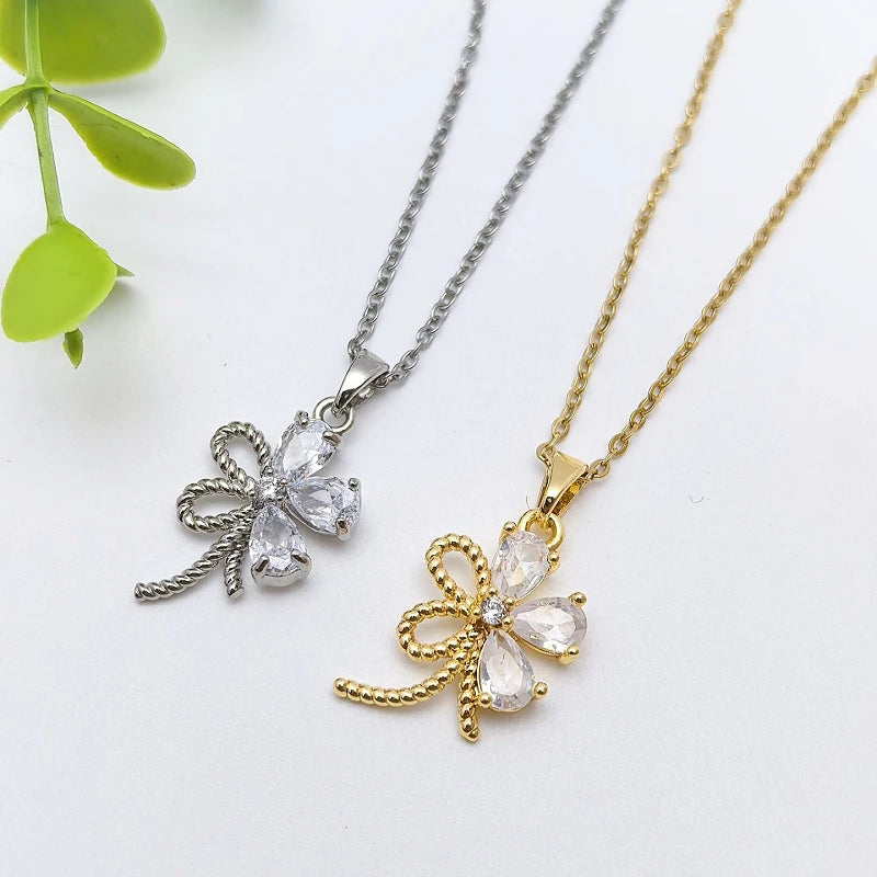 Floral Copper Pendant Necklace | Gold Zircon Collarbone Chain Pendant Necklace Nixie