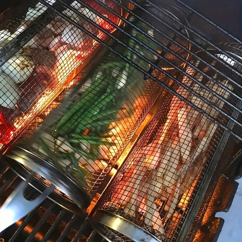 2pc Stainless Steel Rolling Grill Basket Set | BBQ Cylinder Mesh BBQ Grill Basket Nixie