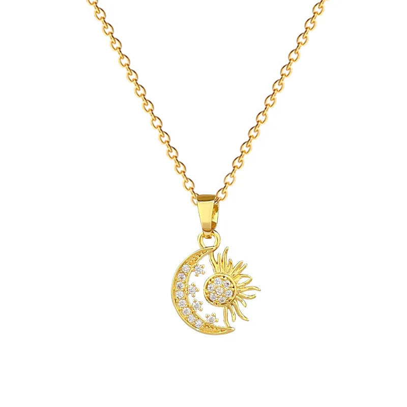 Moon Star Starburst Gold Copper Pendant Necklace for Women