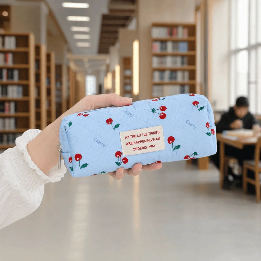 Korean Cherry Print Pencil Case – Large Capacity Pen Bag