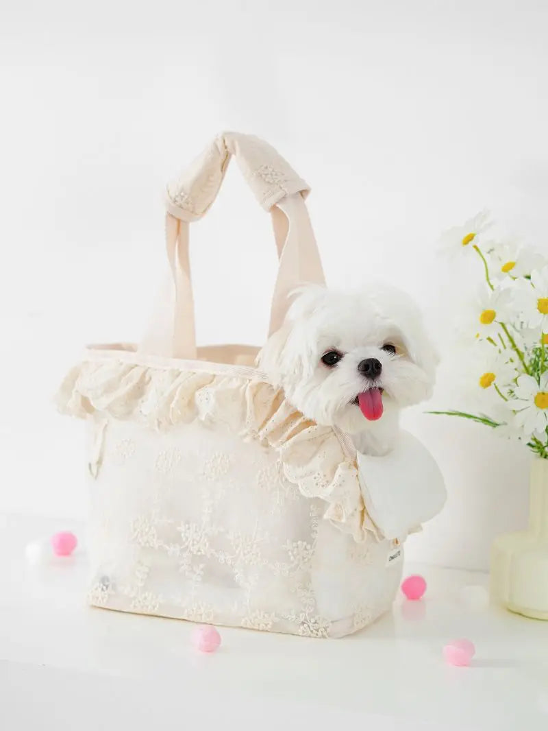 Lace Pet Carrier Bag – Shoulder Purse for Small Dogs & Cats Pet Carrier Bag Nixie Rice White M