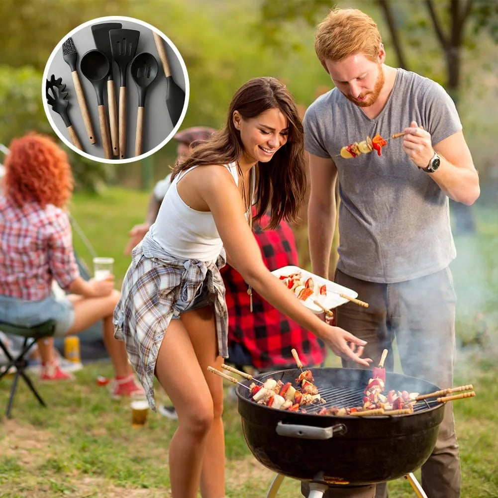 7-Piece Silicone Kitchen Utensil Set with Wooden Handles Kitchen Utensil Set Nixie