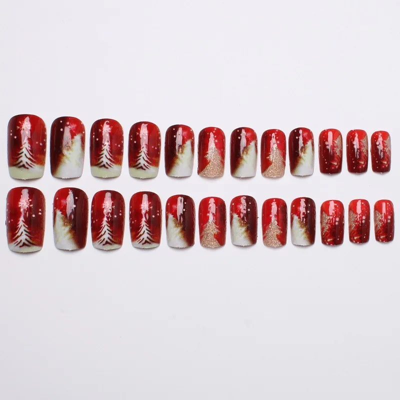 Christmas Snowflake Press On Nails 24pcs Red Gold Festive Press On Nails Nixie